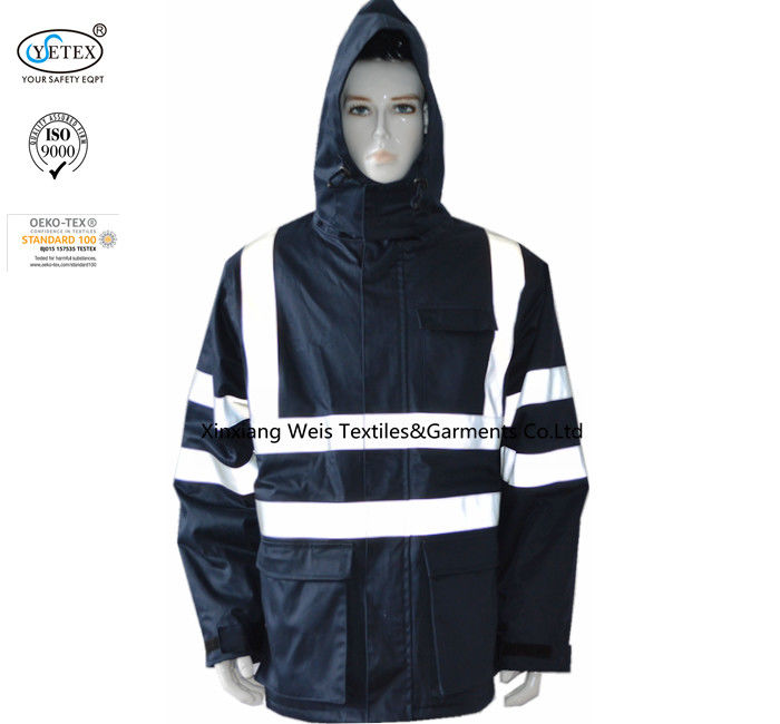 Protective Navy Blue Flame Retardant Jacket With Reflective Tape and Hood